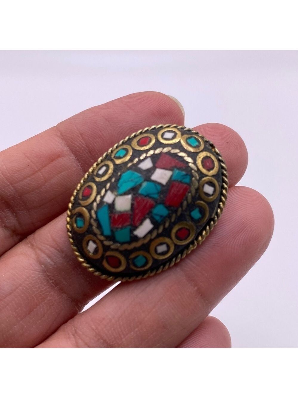 Brass Coral & Turquoise Oval Ring Adjustable